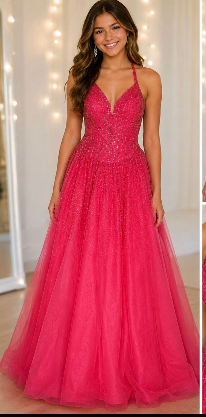 Le Gala Size 10 Beaded Front Halter Gown Hot Pink Formal Sparkle Princess Y2K